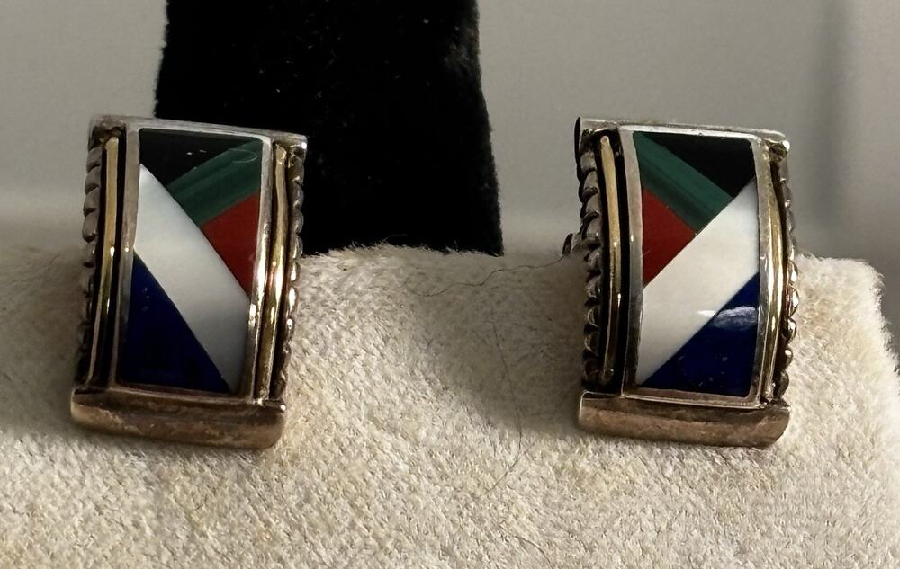 Asch Grossbardt Sterling 18k Yellow Gold Inlaid Multi Gemstone EARRINGS Omega